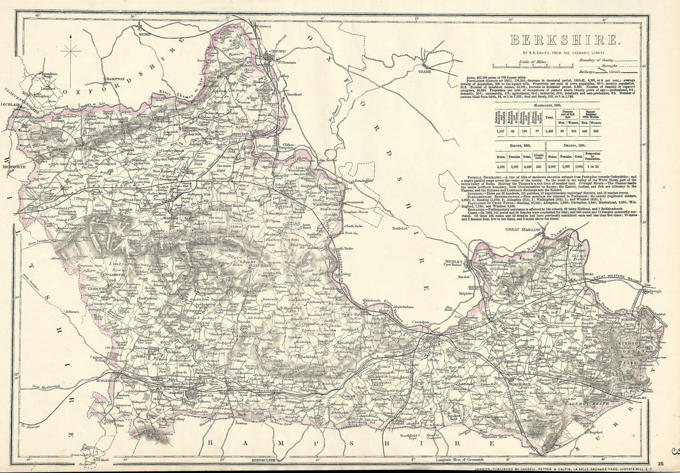 Berkshire antique map from Cassell’s County Atlas, 1864