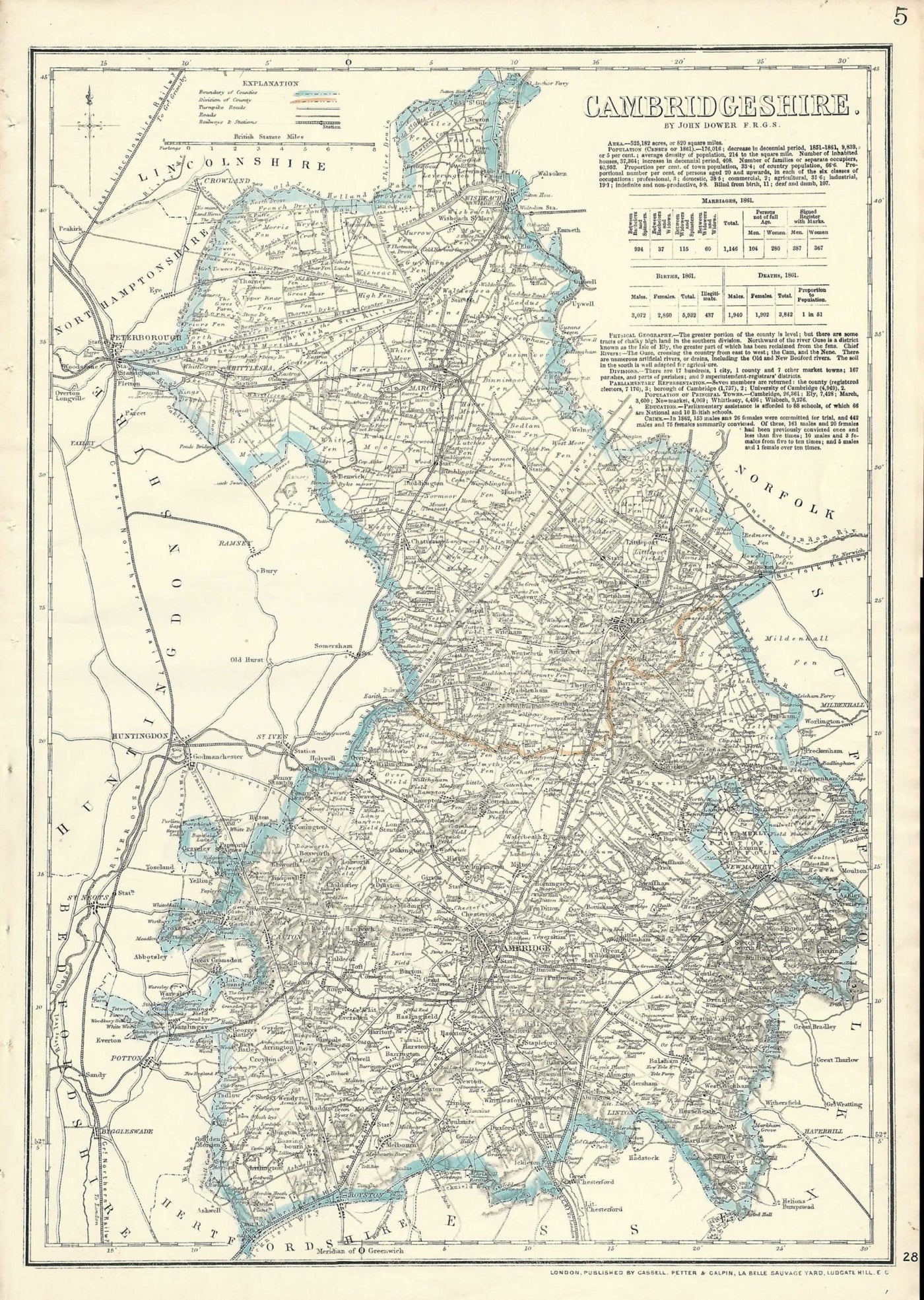 Cambridgeshire antique map from Cassell’s County Atlas 1864