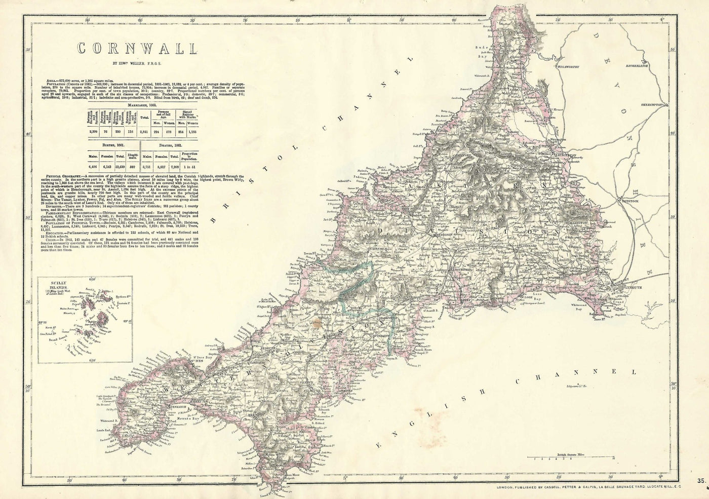 Cornwall antique map (Kernow) from Cassell’s County Atlas 1864