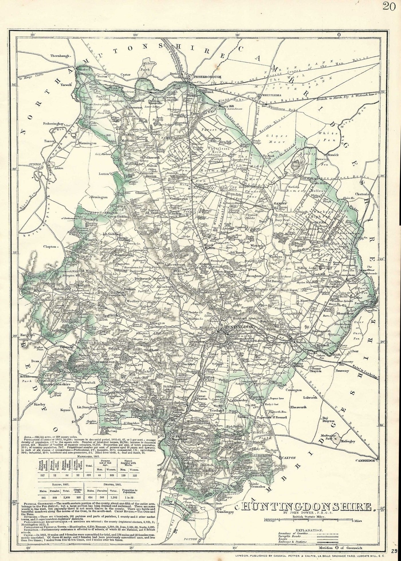 Huntingdonshire antique map from Cassell's Atlas 1864