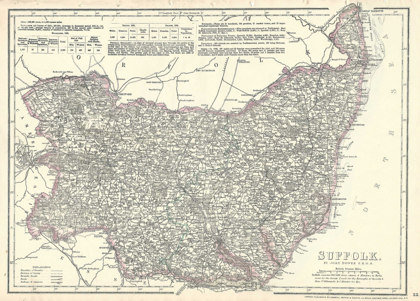 Suffolk antique map from Cassell’s County Atlas 1864