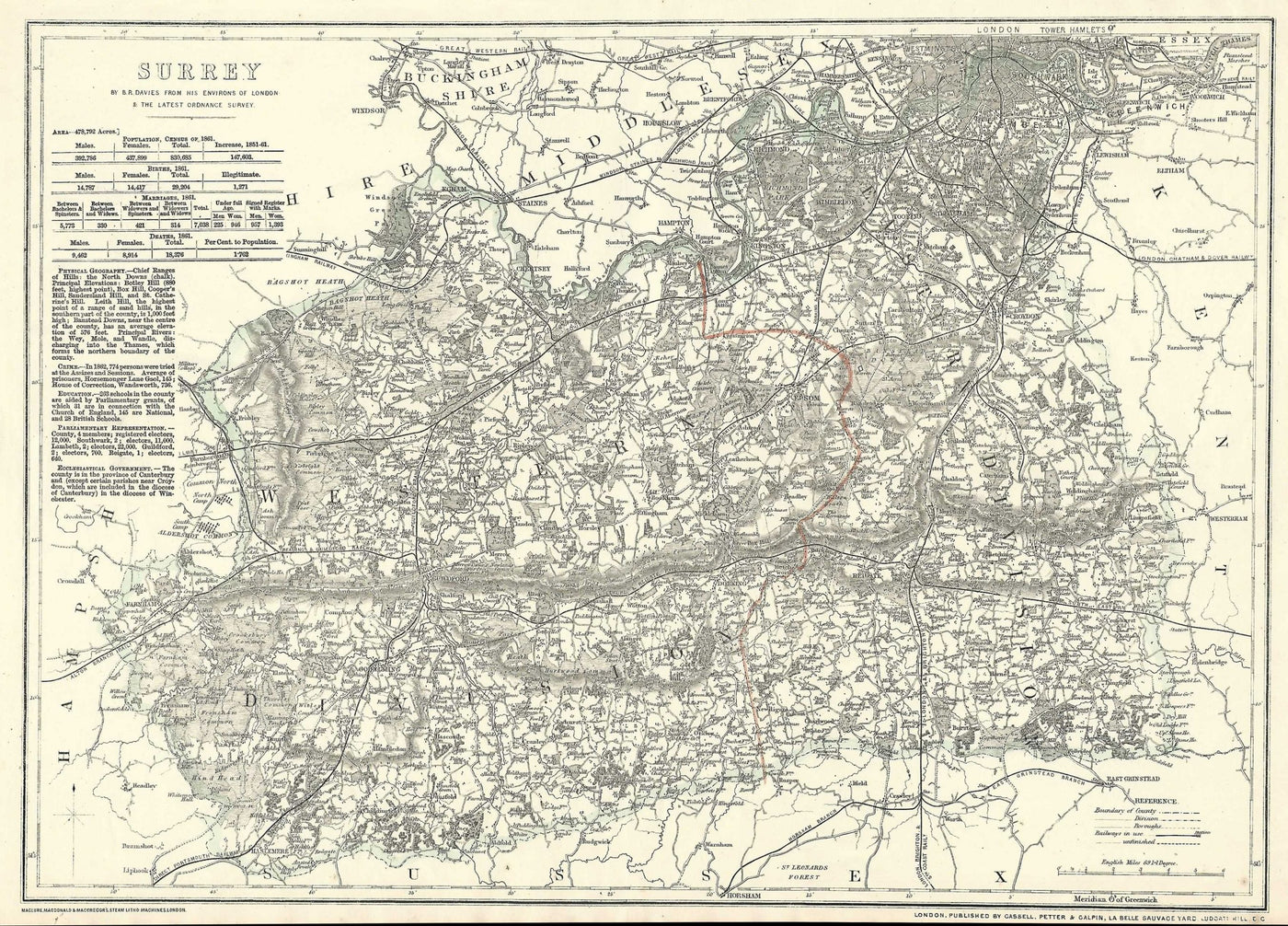 Surrey antique map from Cassell’s County Atlas 1864