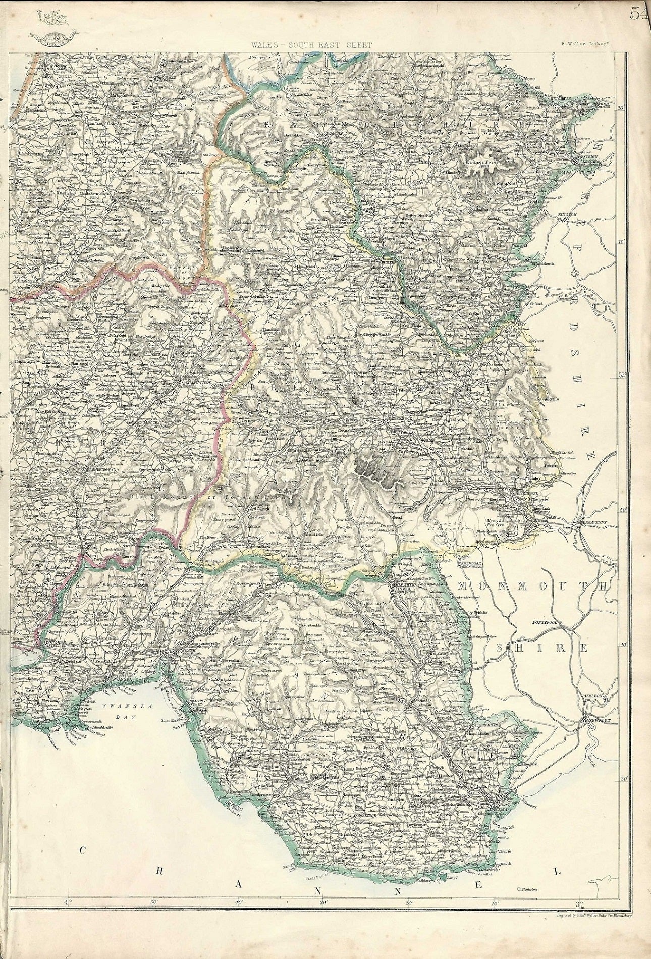 Wales antique map (Cymru) published 1864