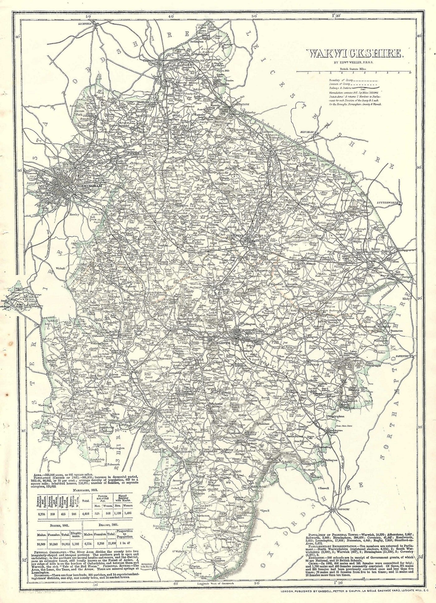 Warwickshire antique map from Cassell’s Atlas 1864