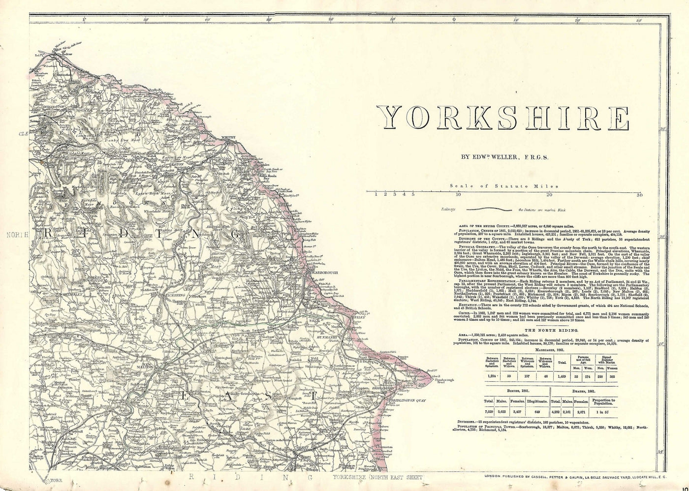 Yorkshire antique map from Cassell's Atlas published 1864