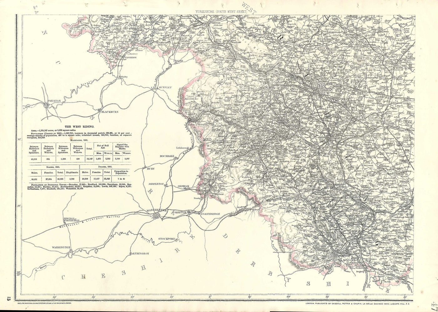 Yorkshire antique map from Cassell's Atlas published 1864