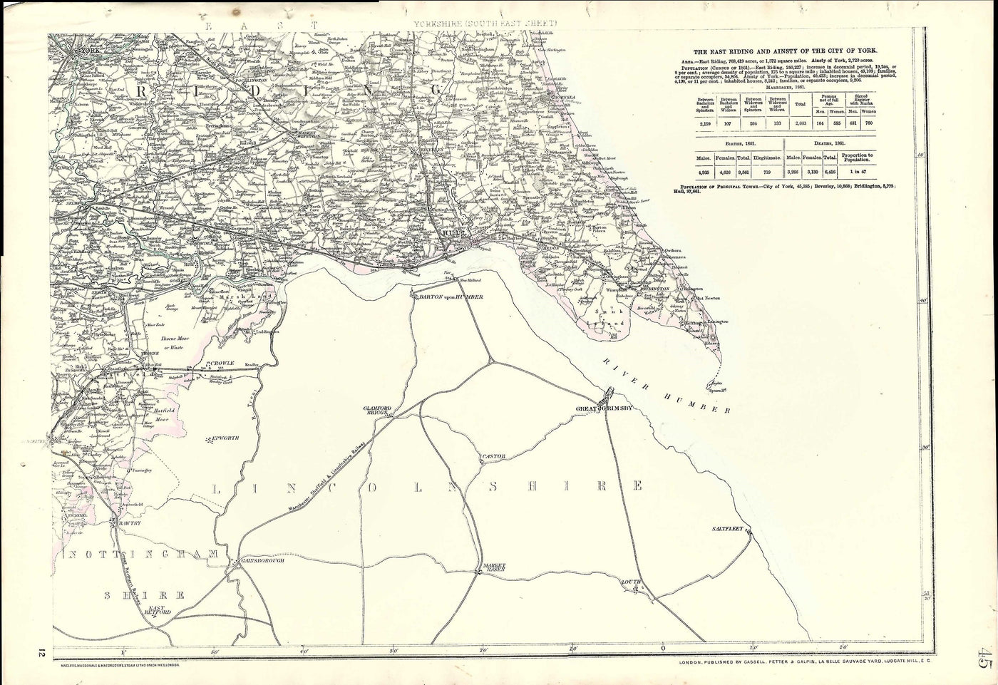 Yorkshire antique map from Cassell's Atlas published 1864