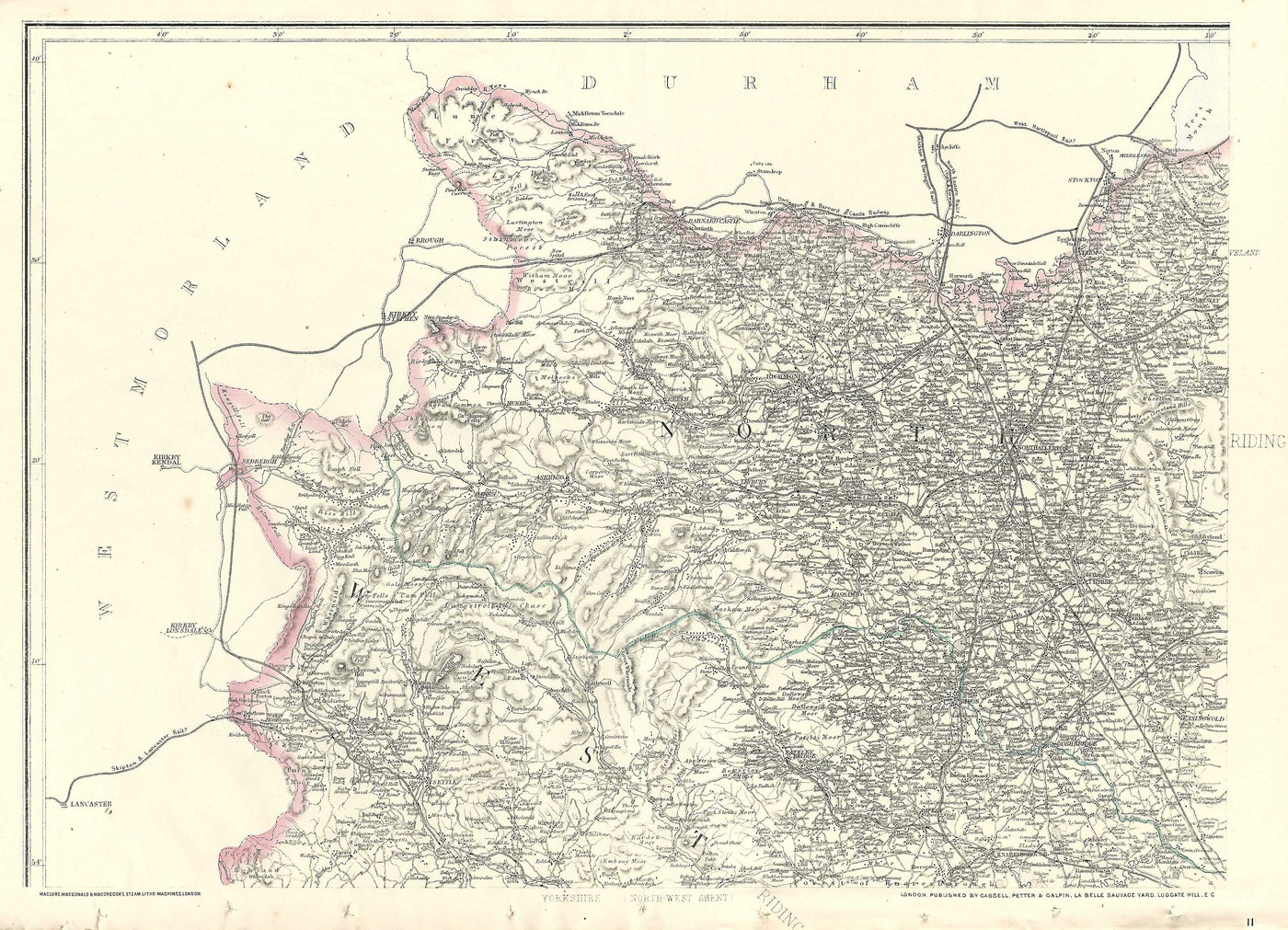 Yorkshire antique map from Cassell's Atlas published 1864