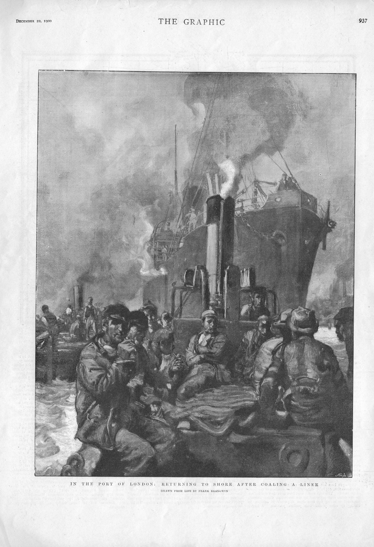 Port of London coal heavers antique print 1900