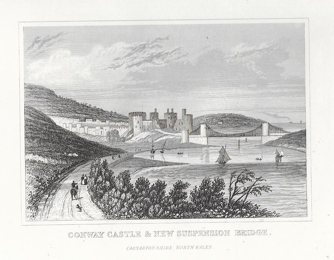 Conway Castle and Suspension Bridge Wales antique print 1845