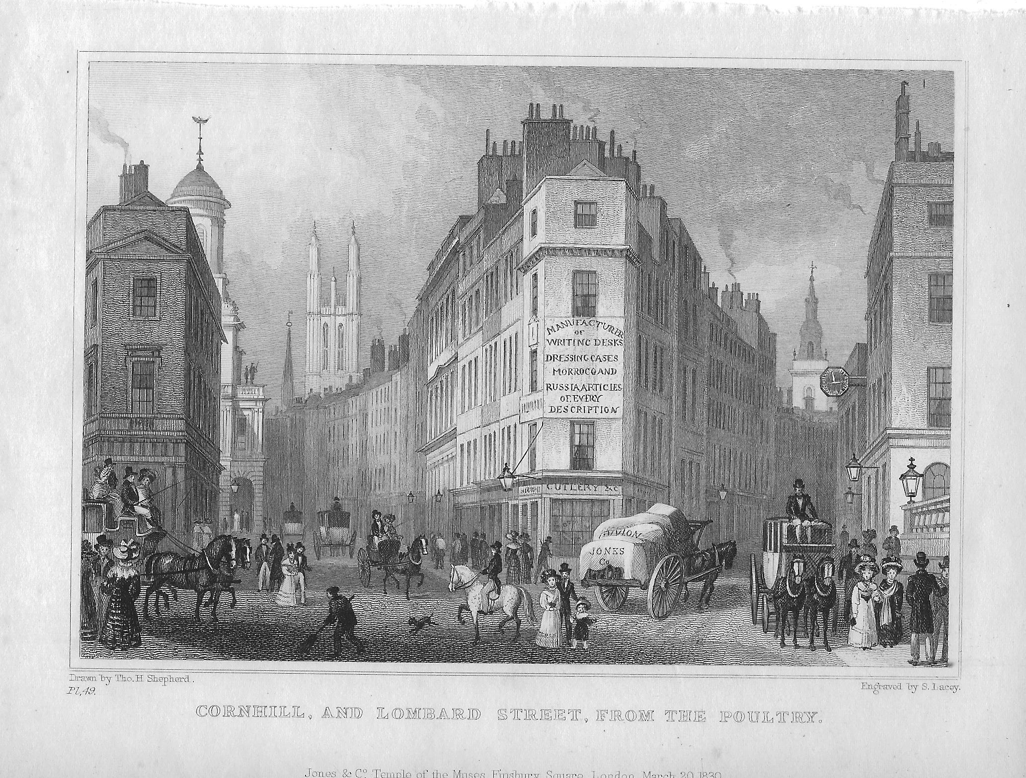 Cornhill and Lombard Street City of London antique print 1830 Maps