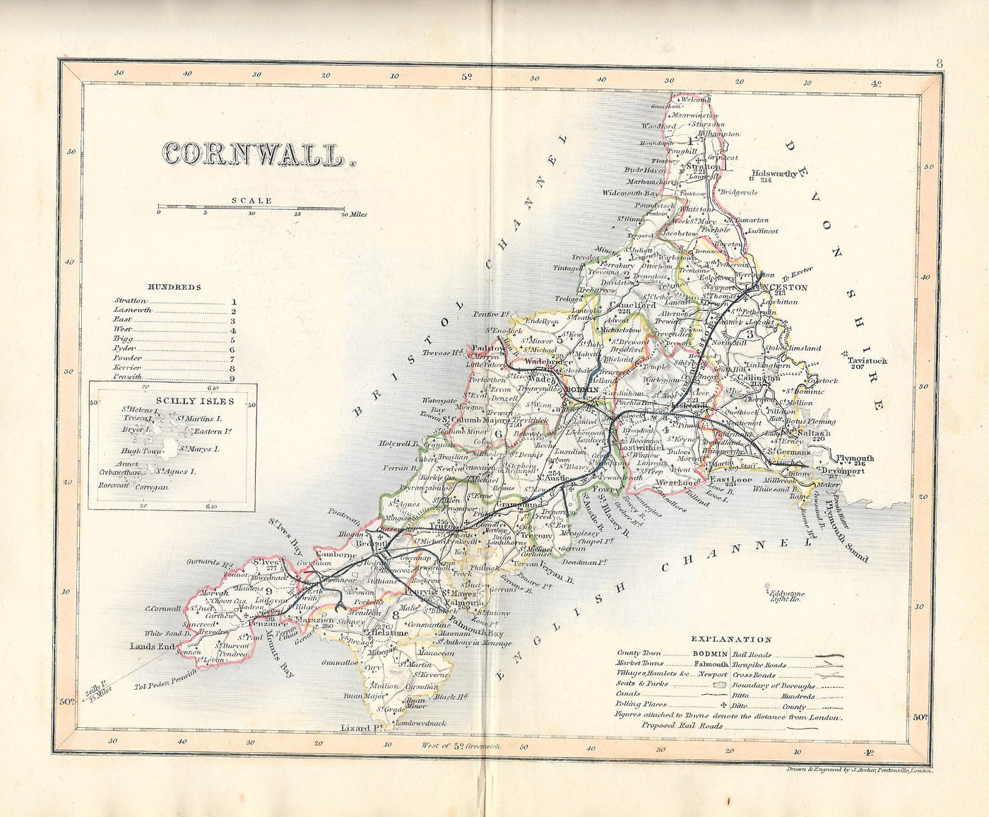 Cornwall antique map 1845