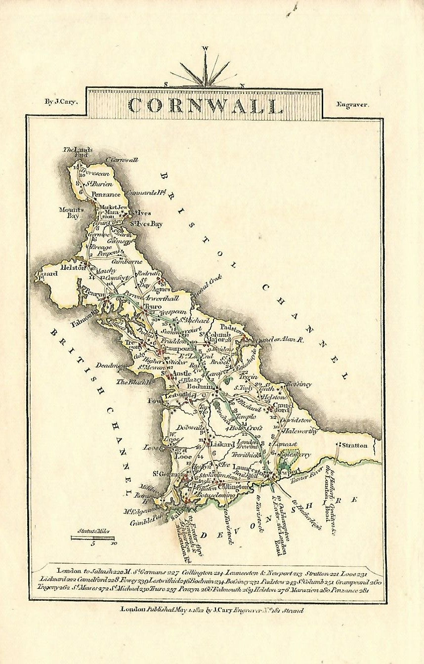 Cornwall antique map published by John Cary 1812