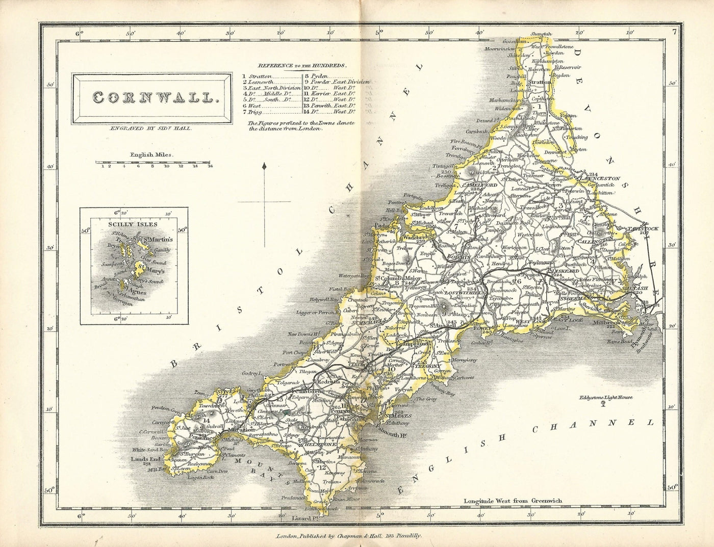 Cornwall antique map from English Counties by Sidney Hall published 1860