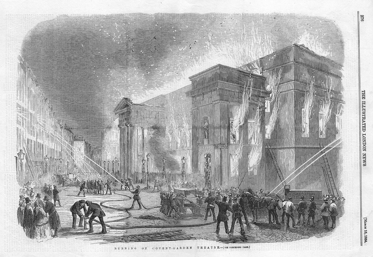 Covent Garden Theatre Fire 1856 exterior view antique print 1856