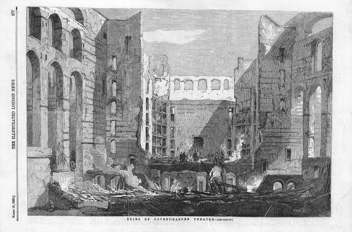 Covent Garden Theatre Fire interior view antique print 1856