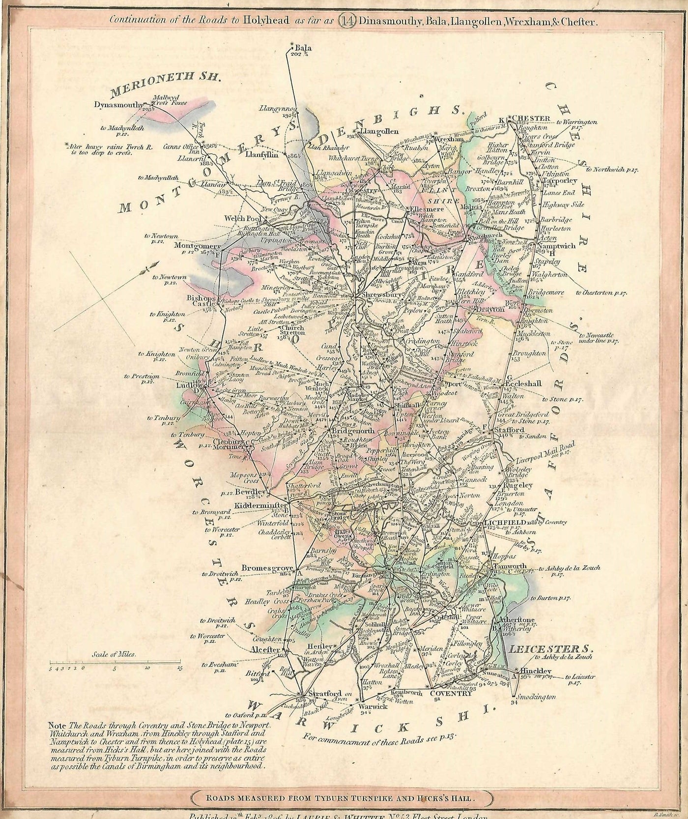 Chester Coventry Birmingham Shrewsbury Oswestry antique road map