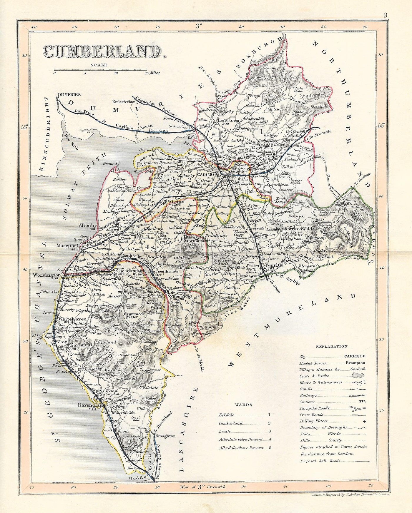 Cumberland Cumbria antique map 1845