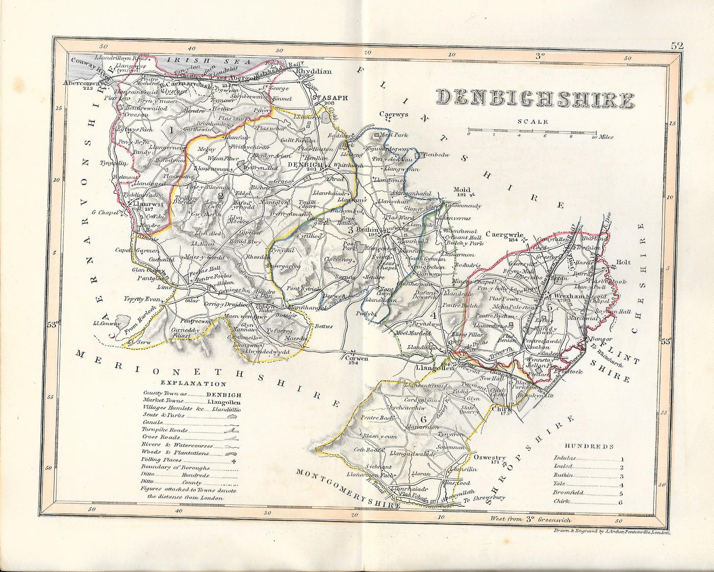 Denbighshire Sir Ddinbych Cymru Wales antique map