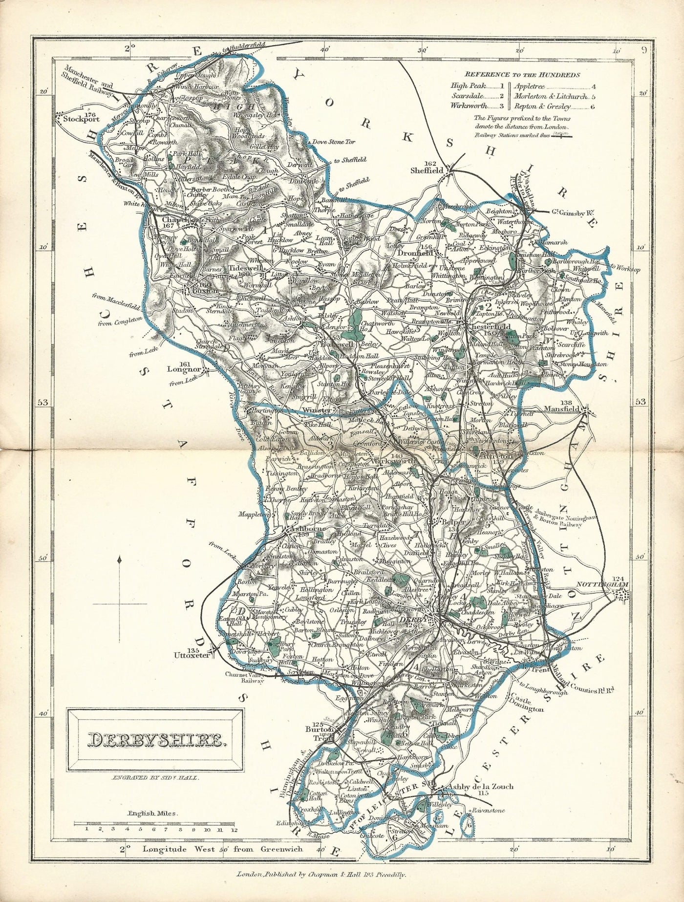 Derbyshire antique map from English Counties by Sidney Hall published 1860