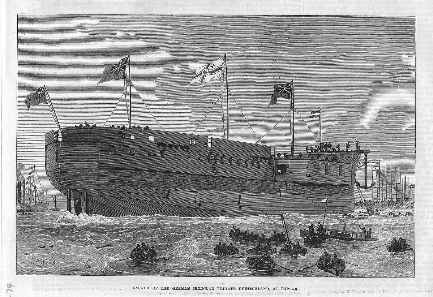 Deutchland ironclad frigate launched at Poplar antique print 1874