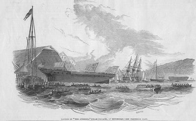 Devonport launch of frigate HMS Avenger antique print
