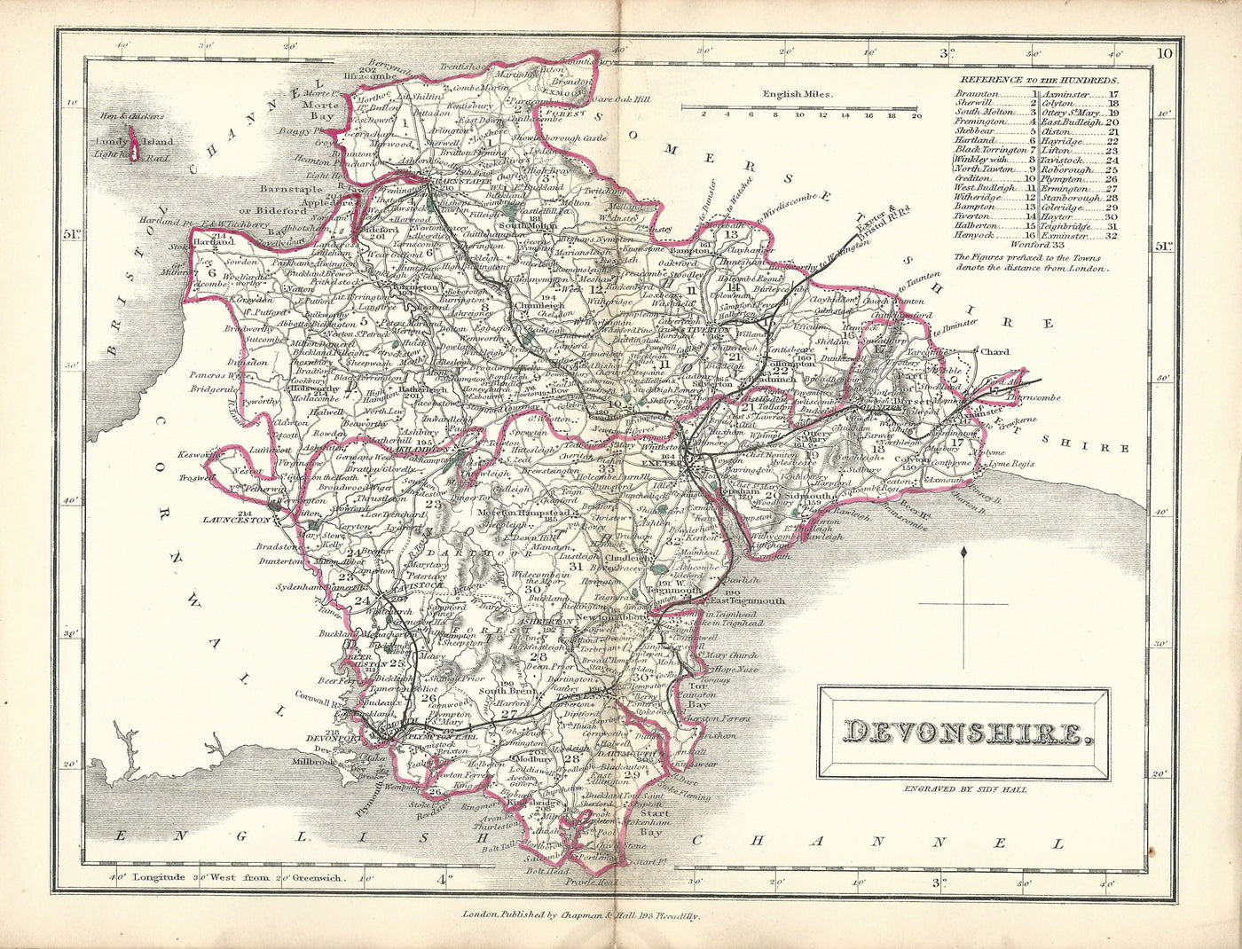 Devon Devonshire antique map from English Counties by Sidney Hall pub. 1860