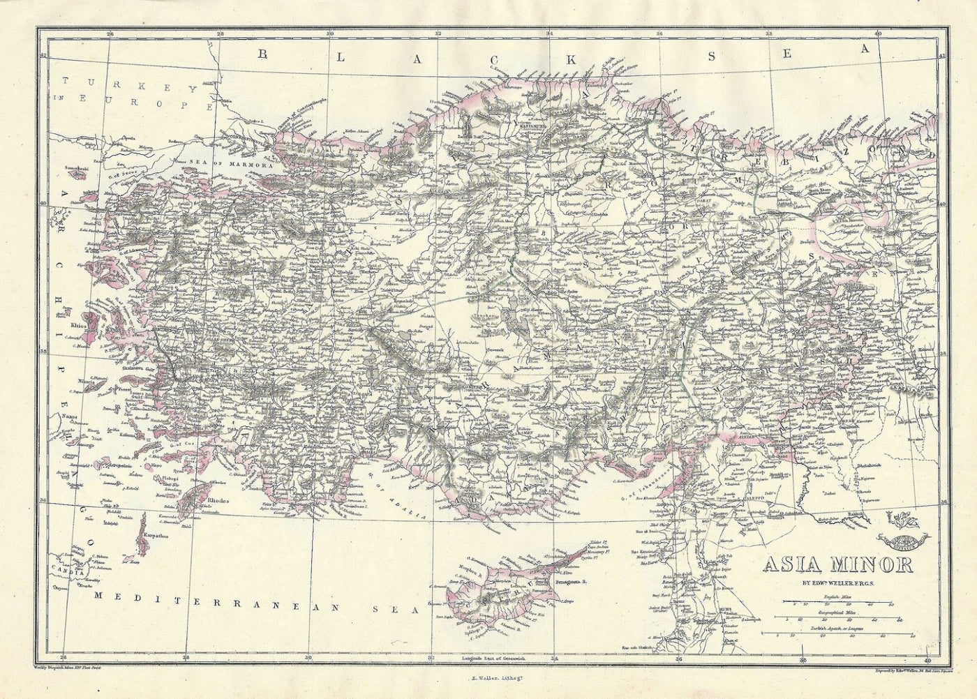 Asia Minor Turkey Cyprus antique map dated 1863