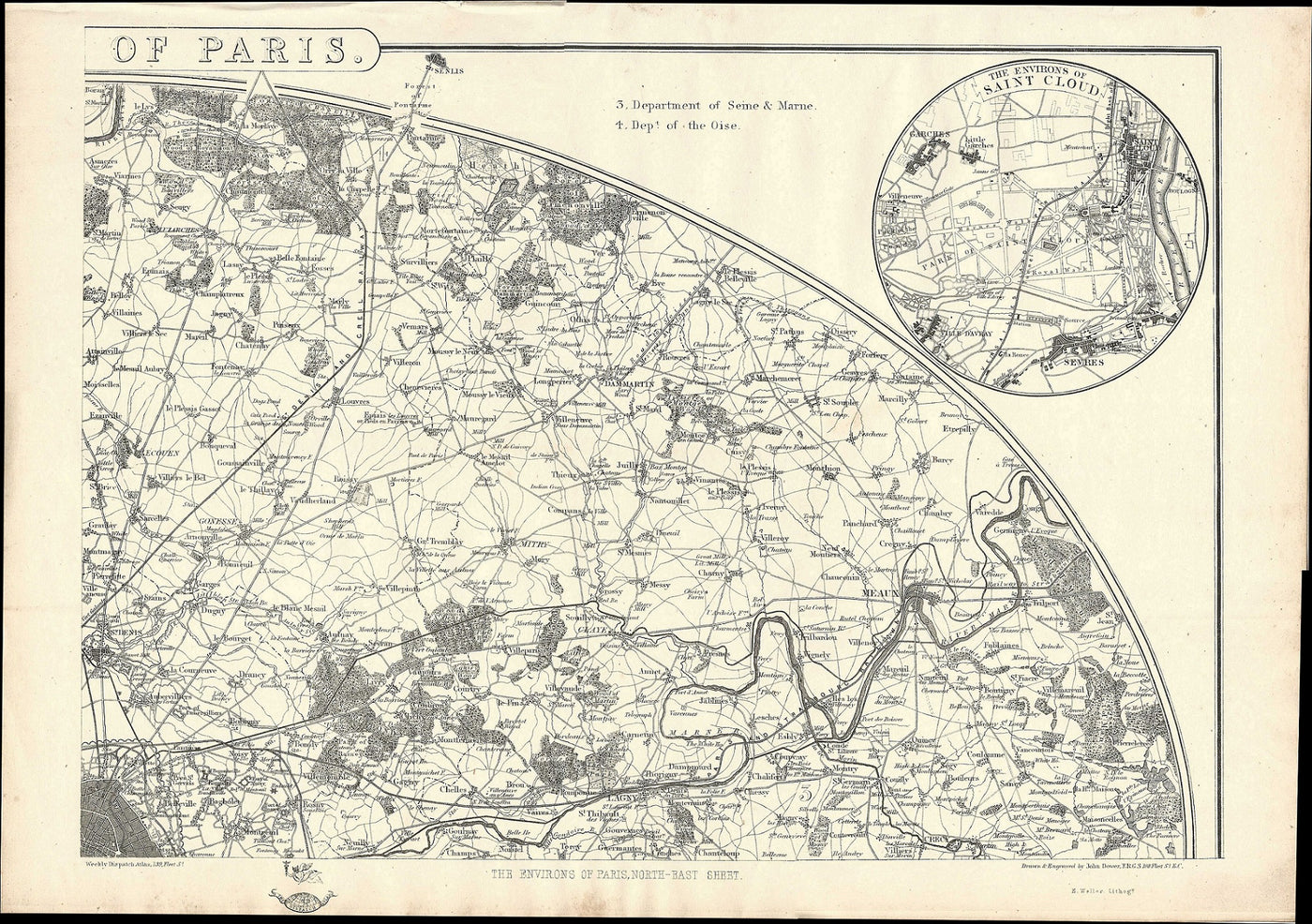 Paris antique map from Weekly Dispatch Atlas 1863