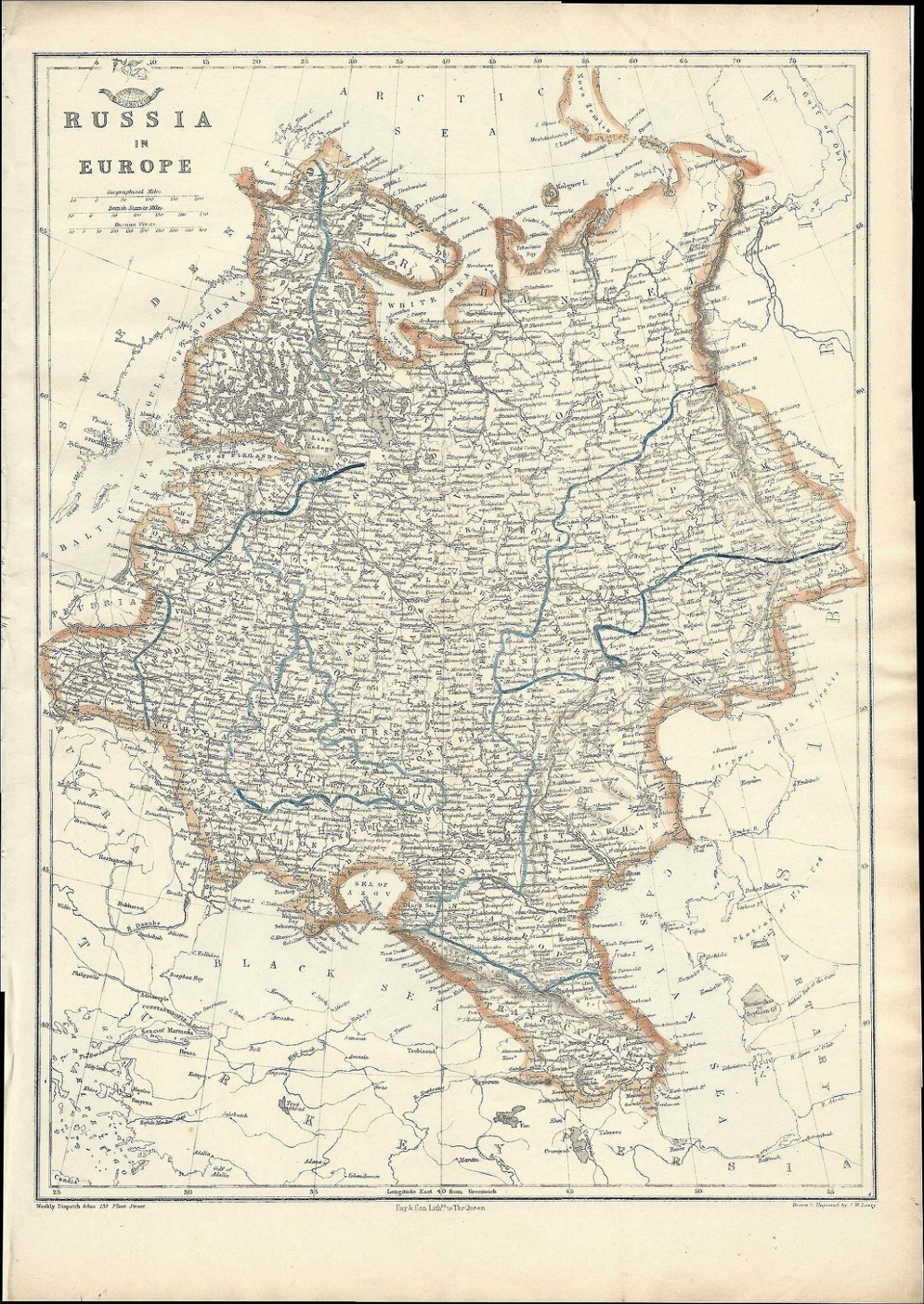 Russia antique map from the Weekly Dispatch Album 1863