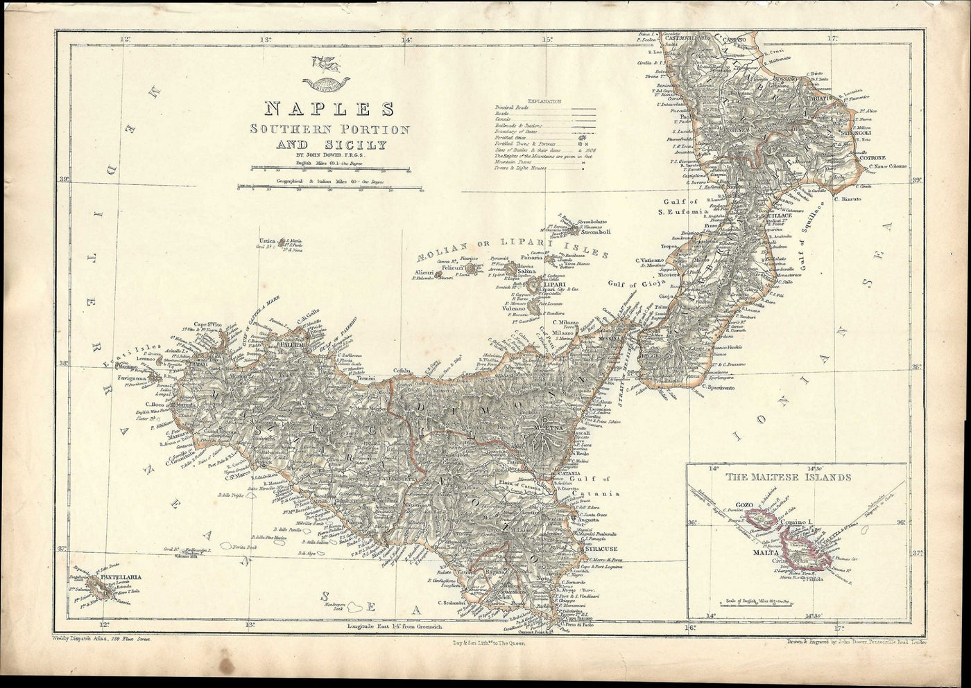 Sicily antique map Weekly Dispatch Atlas published 1863