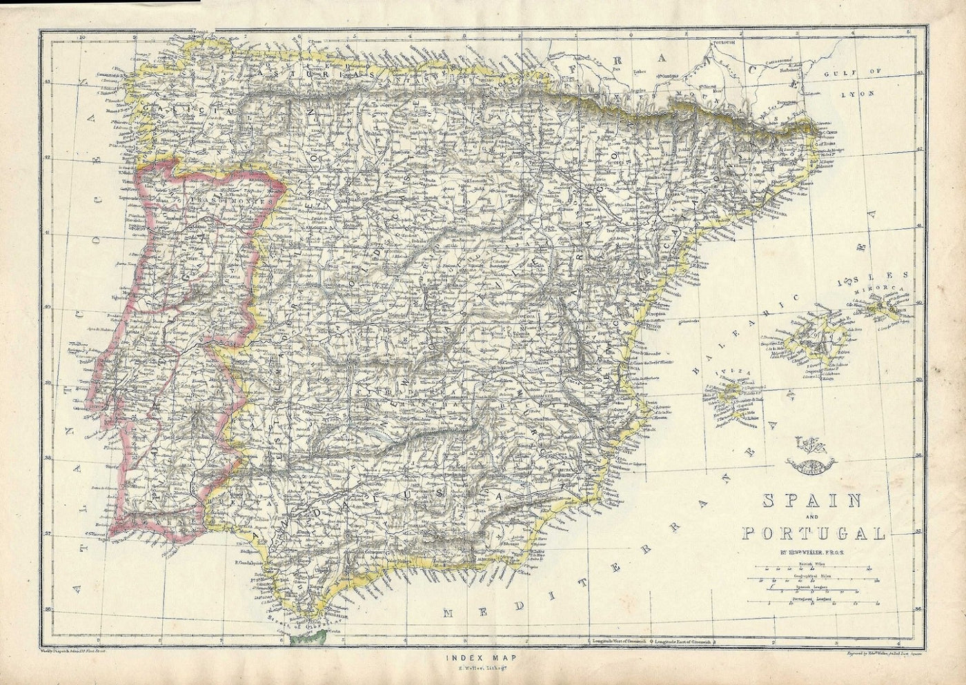 Spain Portugal  Iberian Peninsula antique map 1863