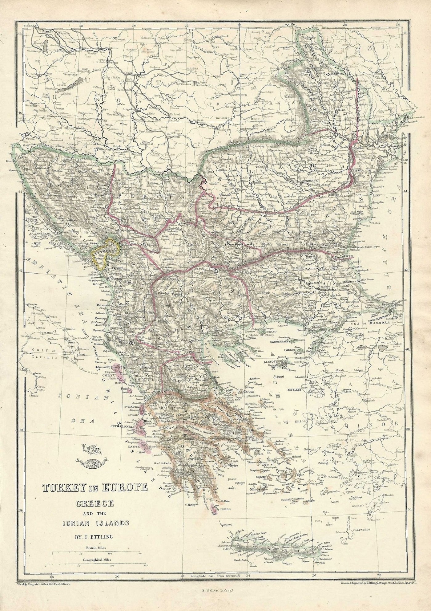 Turkey in Europe antique map Weekly Dispatch Atlas 1863