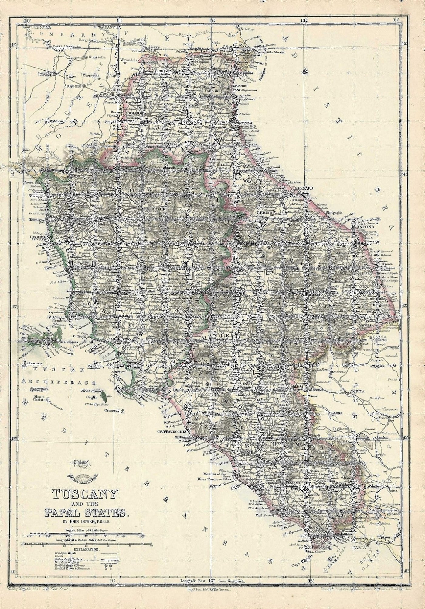Tuscany antique map Papal States published 1863