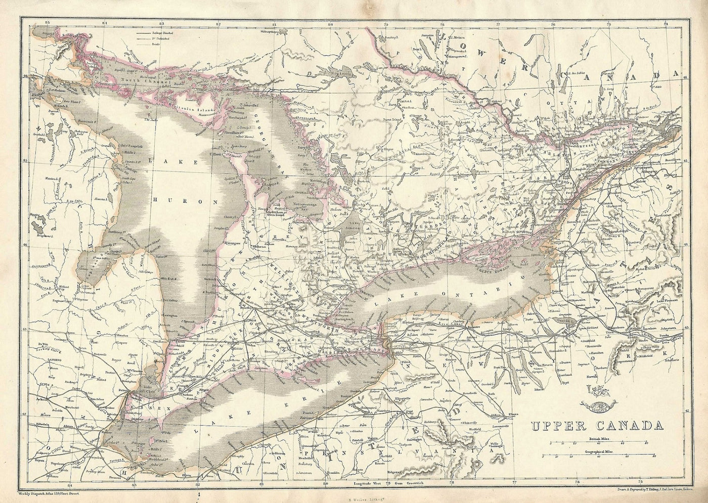 Canada (Upper) antique map  Weekly Dispatch Atlas 1863