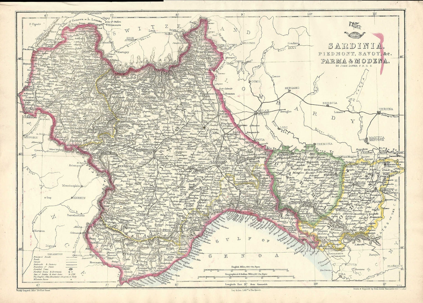 Sardinia Piedmont Savoy Parma Modena antique map 1863