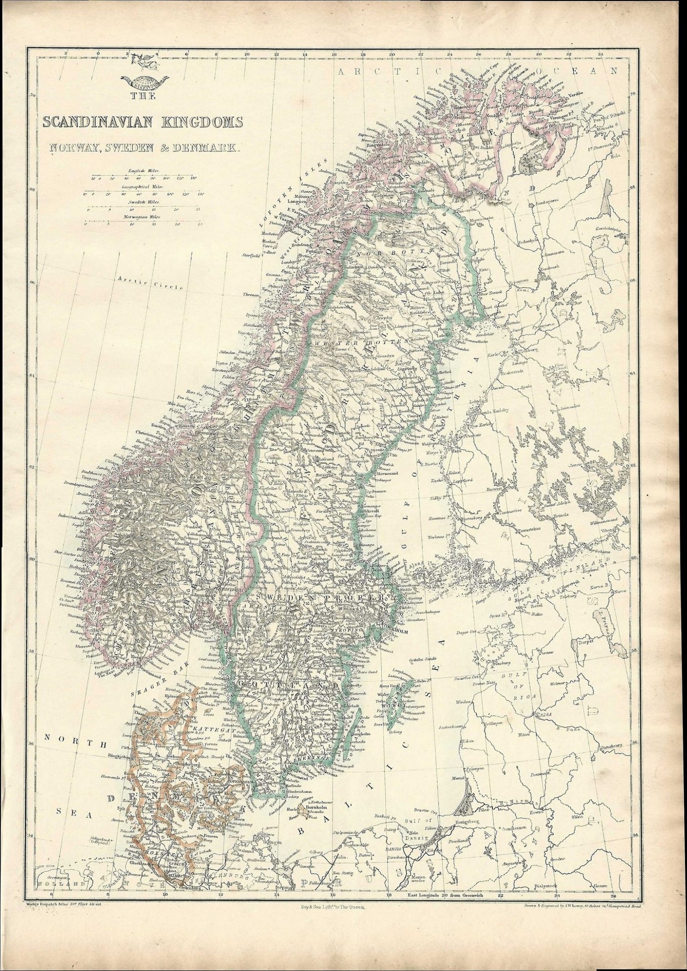 Scandinavia antique map Weekly Dispatch Album 1863