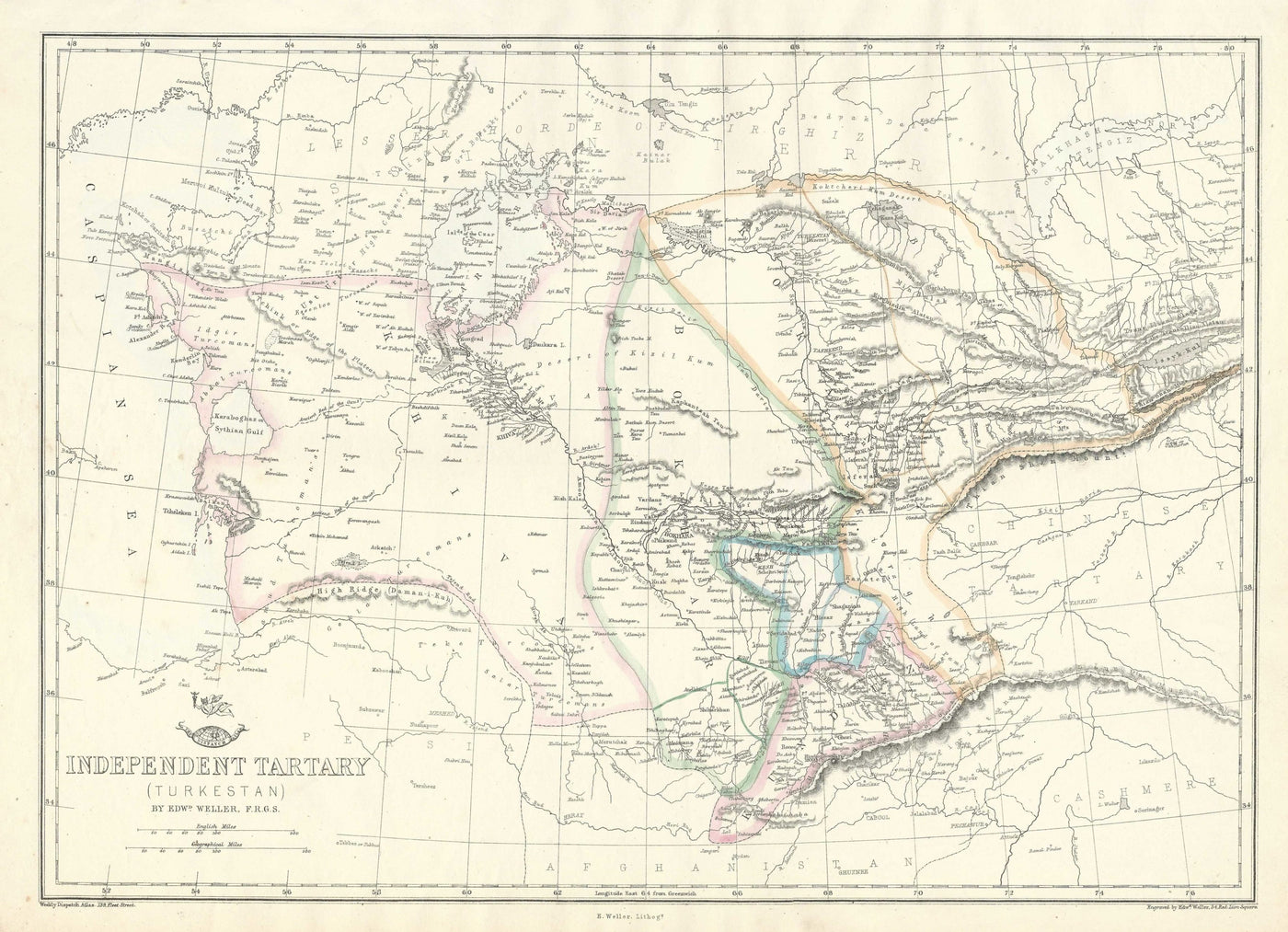 Uzbekistan Azerbaijan Independent Tartary antique map 1863