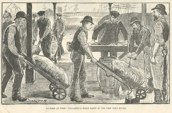 West India Docks unloading sugar antique print 1889
