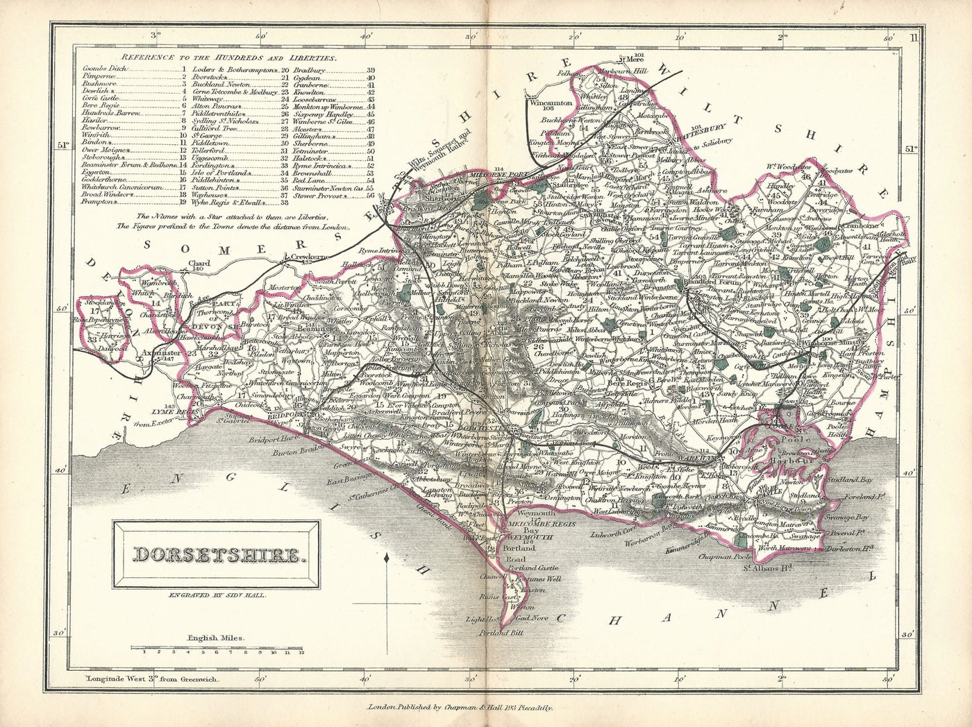 Dorset Dorsetshire antique map from English Counties by Sidney Hall published 1860