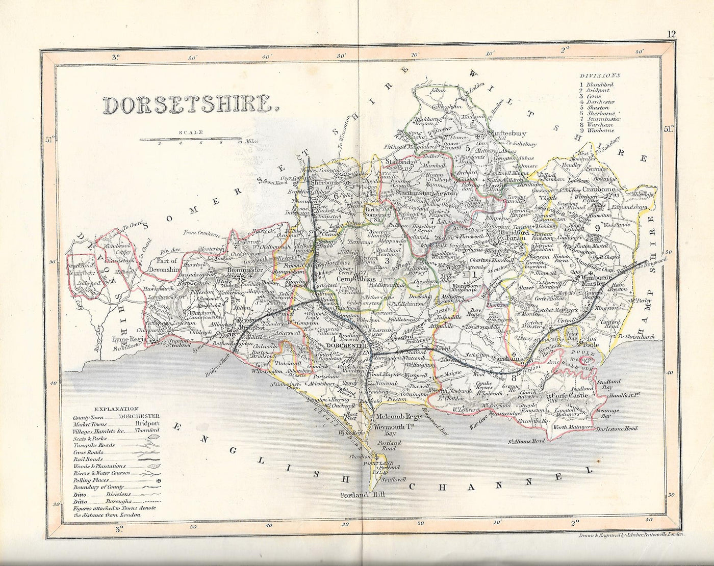 Dorset Dorsetshire antique map 1845