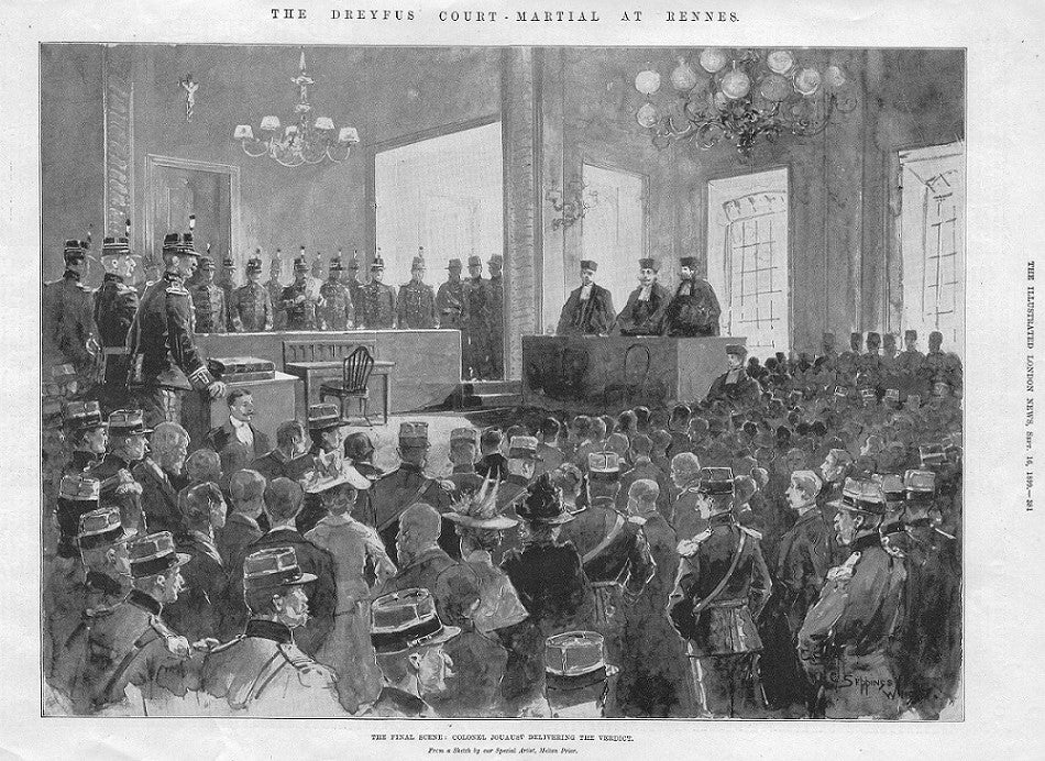 Dreyfus Affair court martial verdict at Rennes antique print 1899