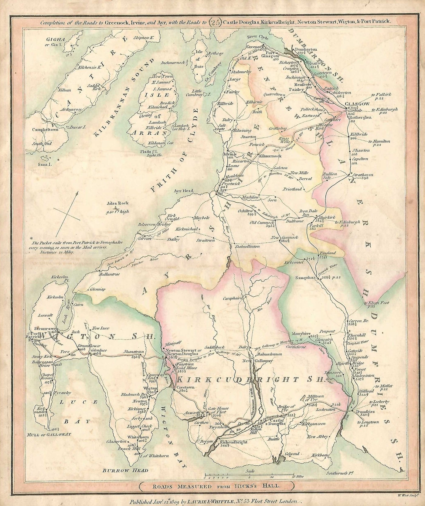 Dumfries Glasgow Greenock Scotland antique road map 1815