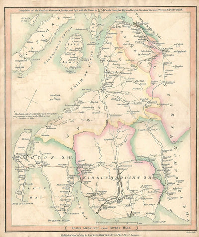 Dumfries Glasgow Greenock Scotland antique road map