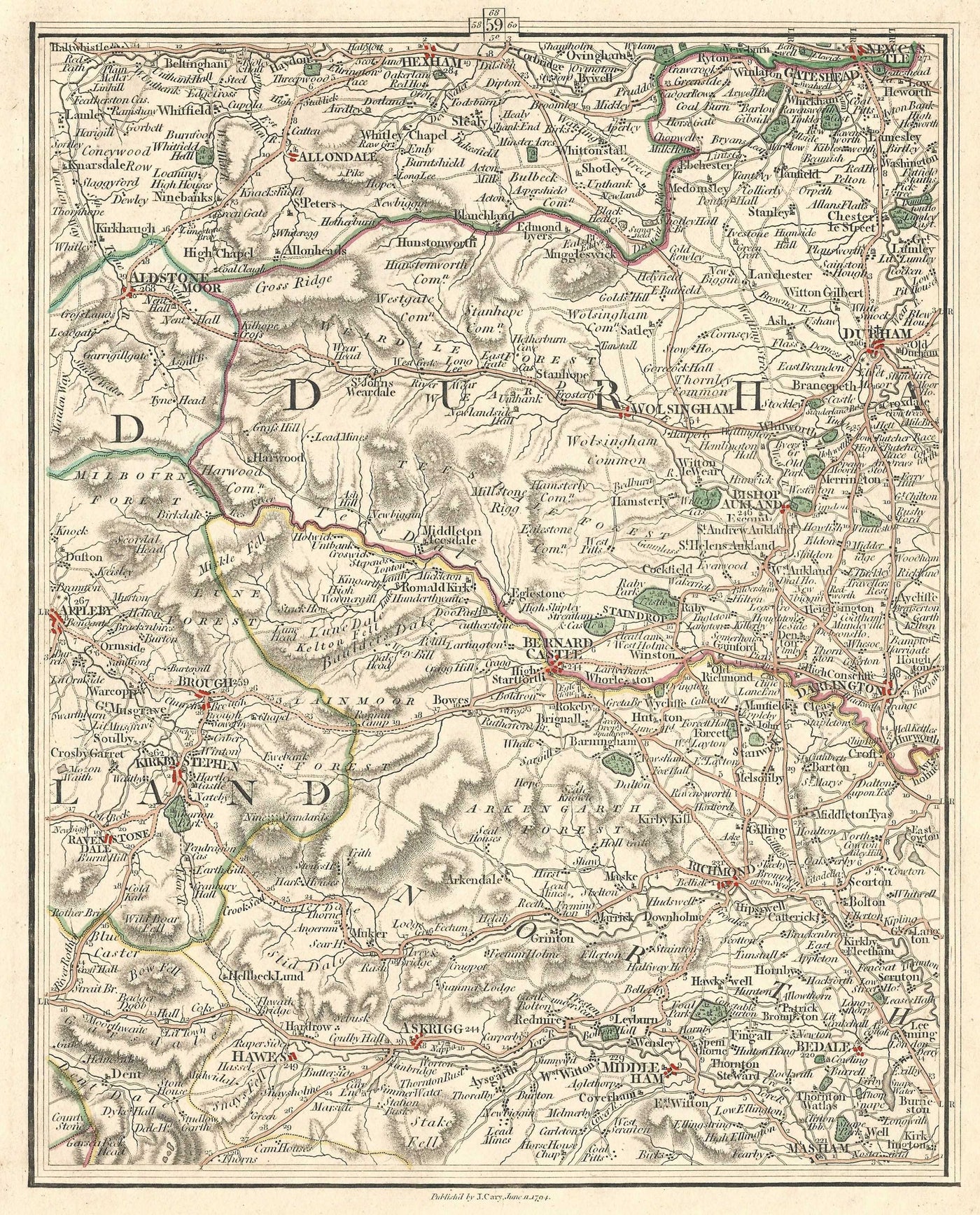 Durham antique map includes Yorkshire Northumberland Westmorland 1794