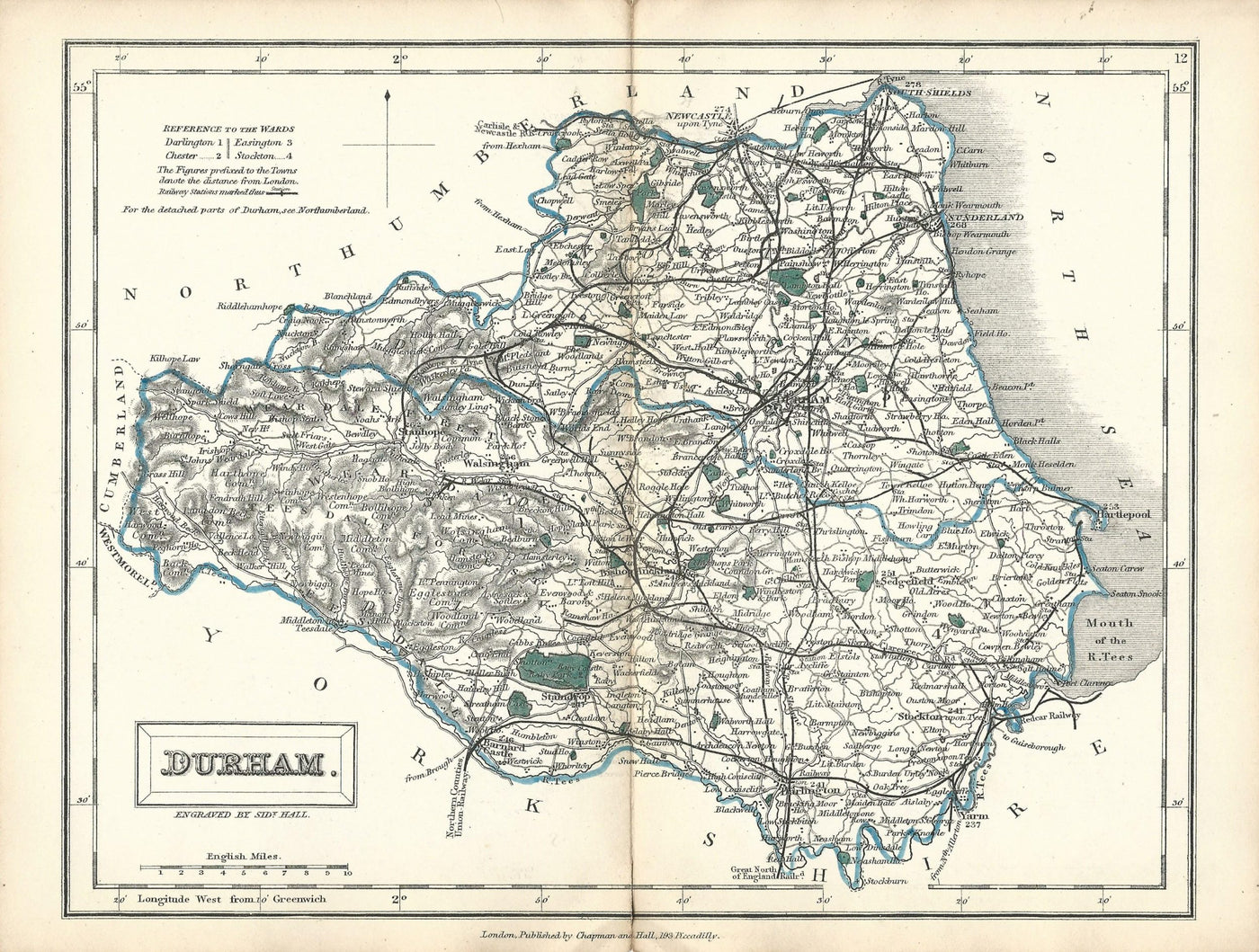 Durham antique map from English Counties by Sidney Hall published 1860