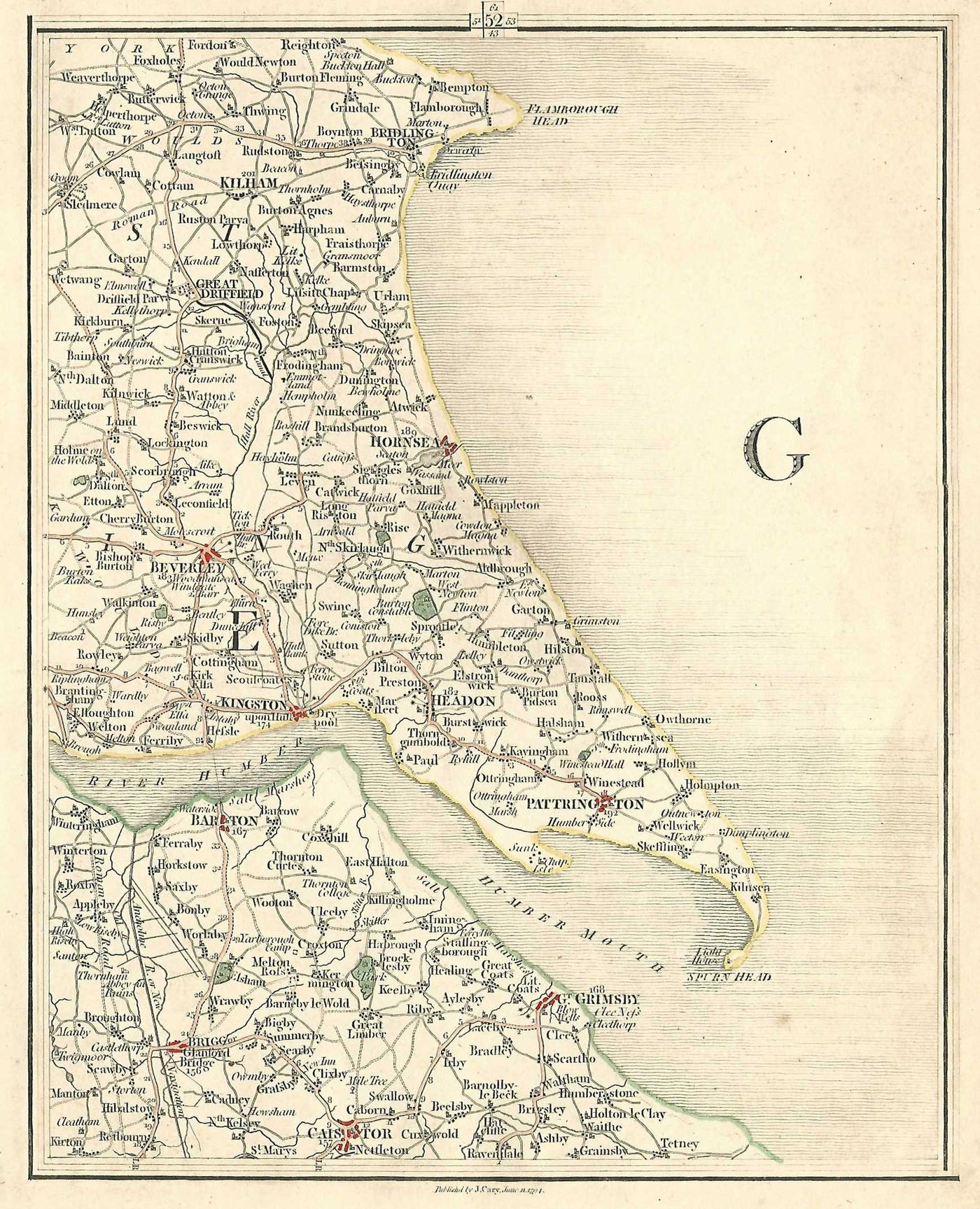 Yorkshire antique map East Riding Lincolnshire by cartographer John Cary published 1794