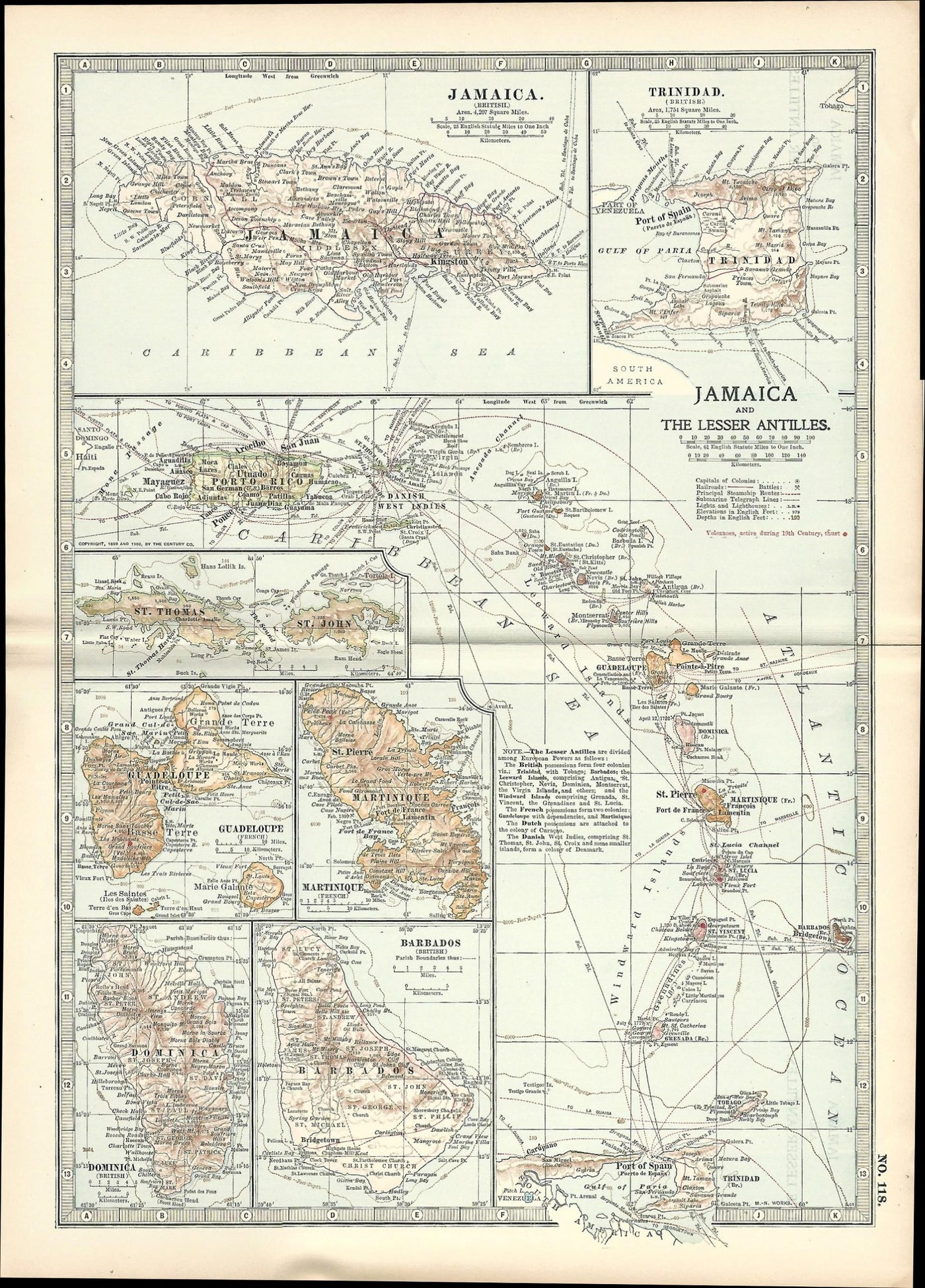 Jamaica & The Lesser Antilles antique map 1903
