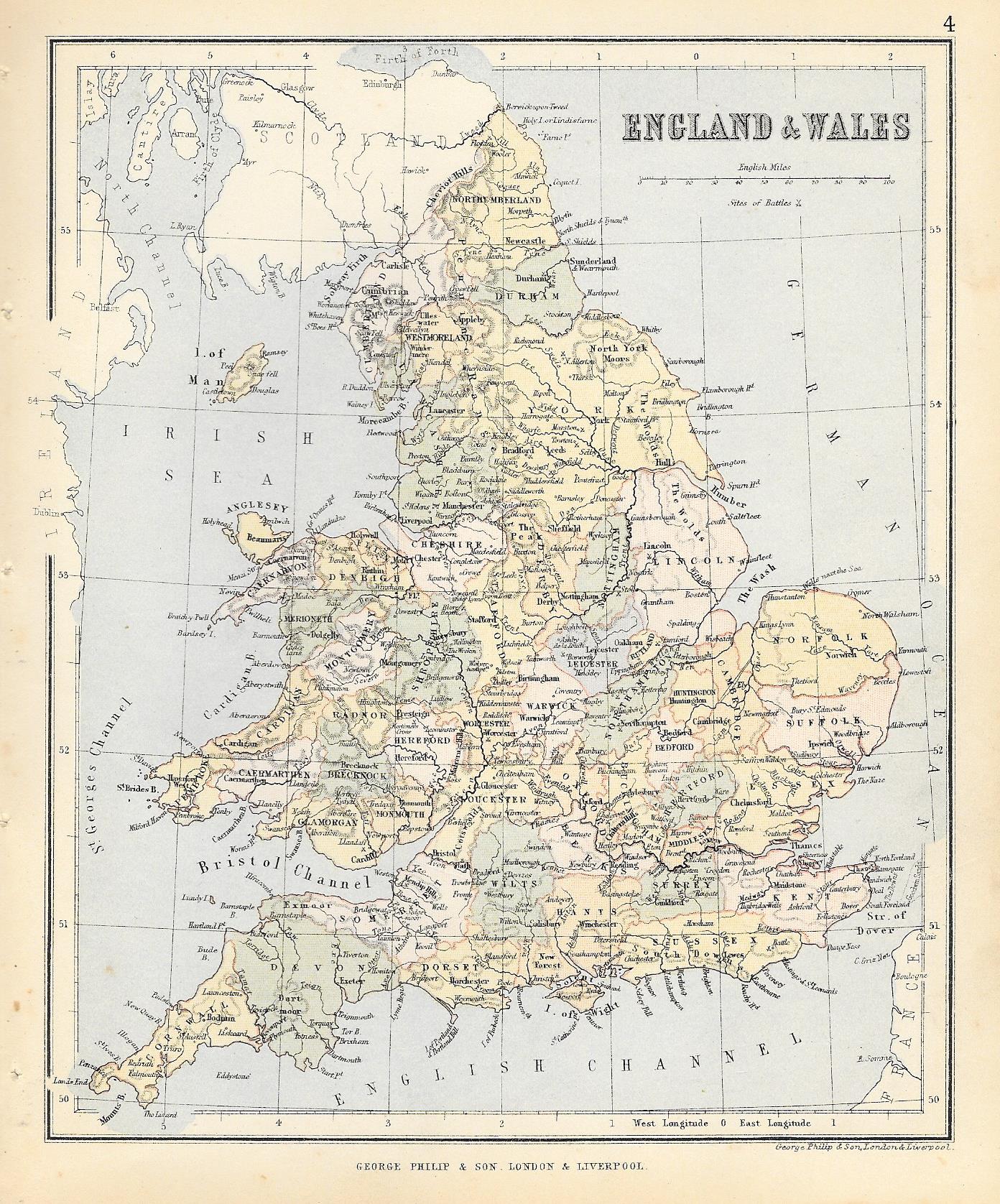 England Wales antique map