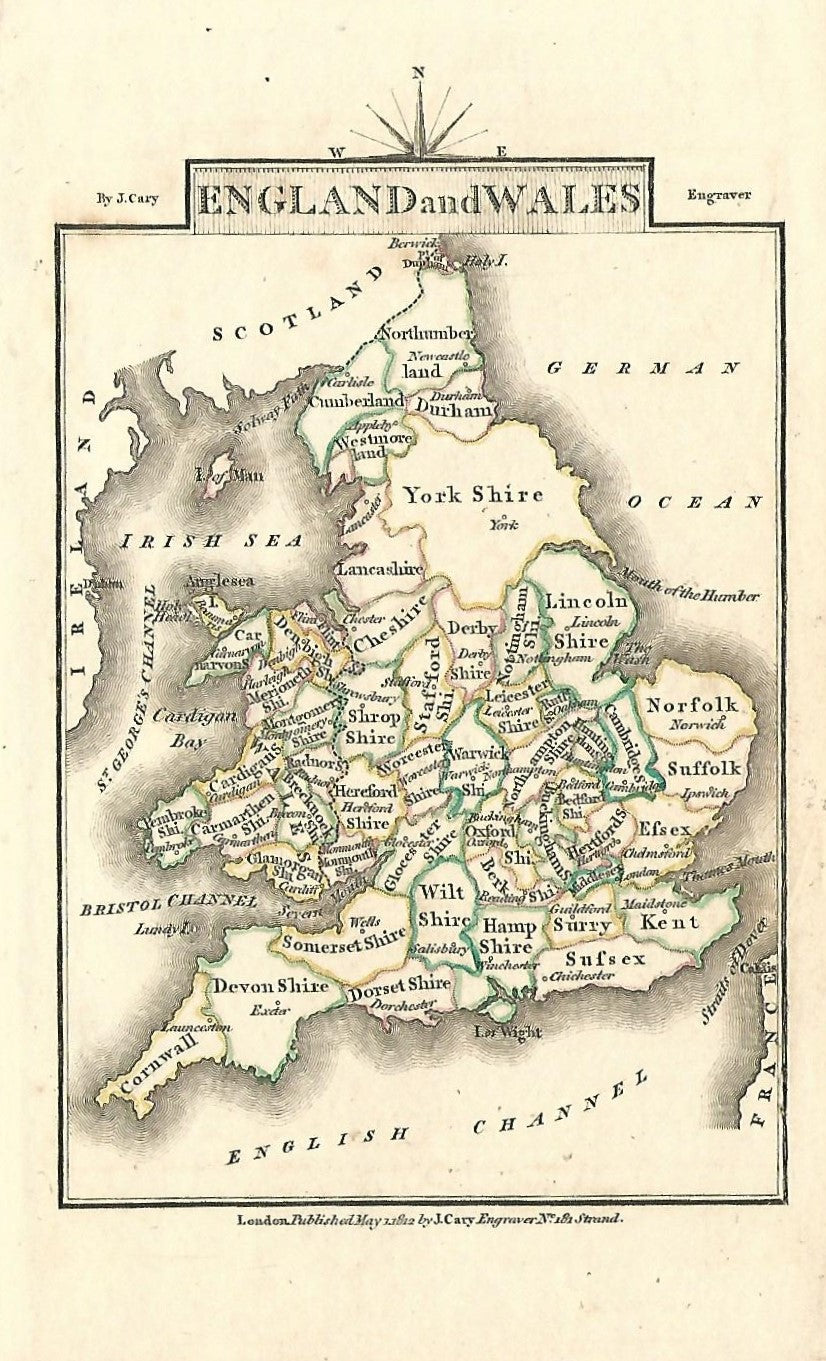 England Wales antique map by Georgian cartographer John Cary 1812